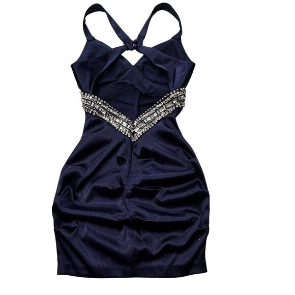 B. DARLEN BodyCon Skim Prom Dress Juniors Size 1/2 Navy Rhinestones Straps Party - Picture 3 of 13